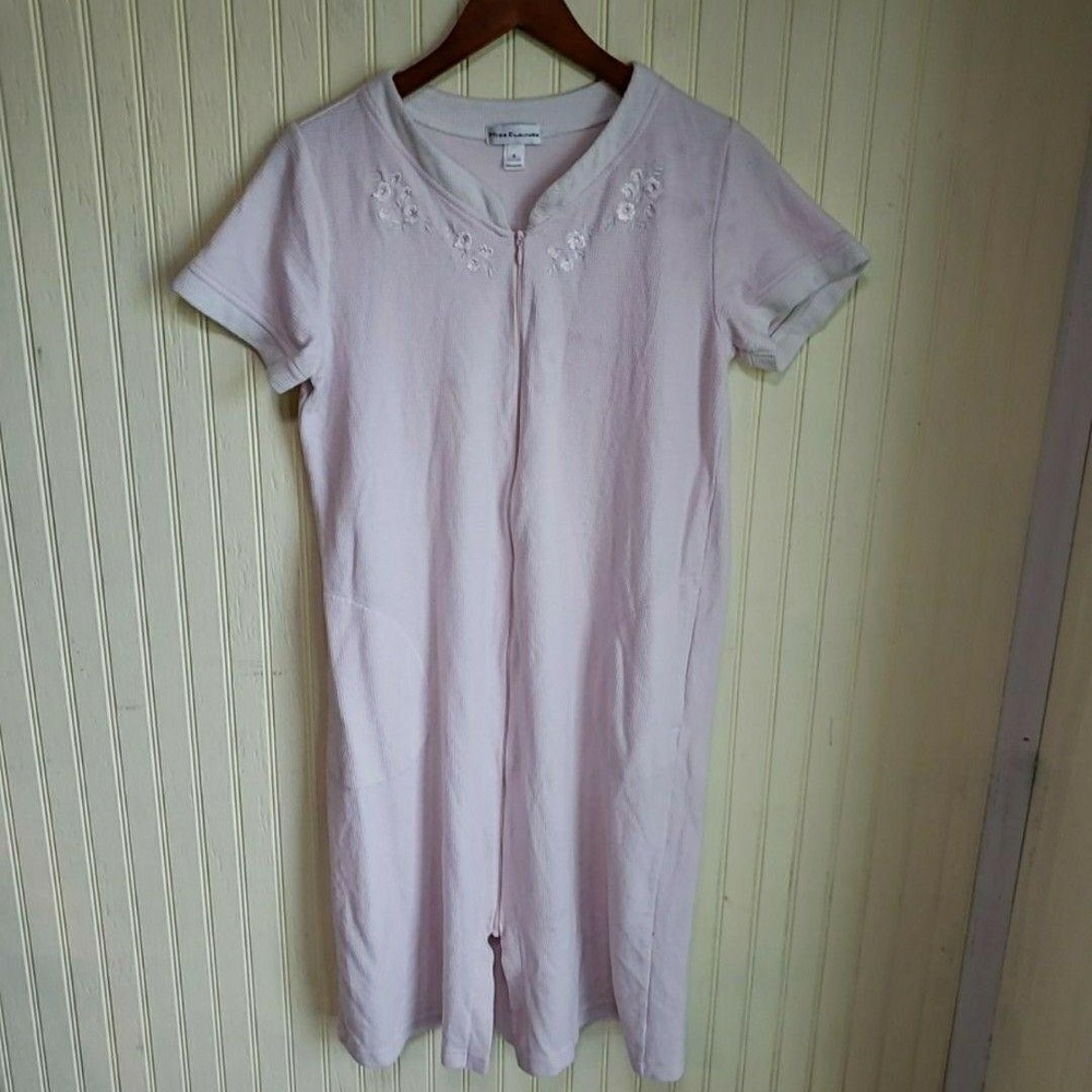 Miss Elaine Robe Womens Small Pink‎ Floral Short Sleeve Zip Front Knit Kaftan